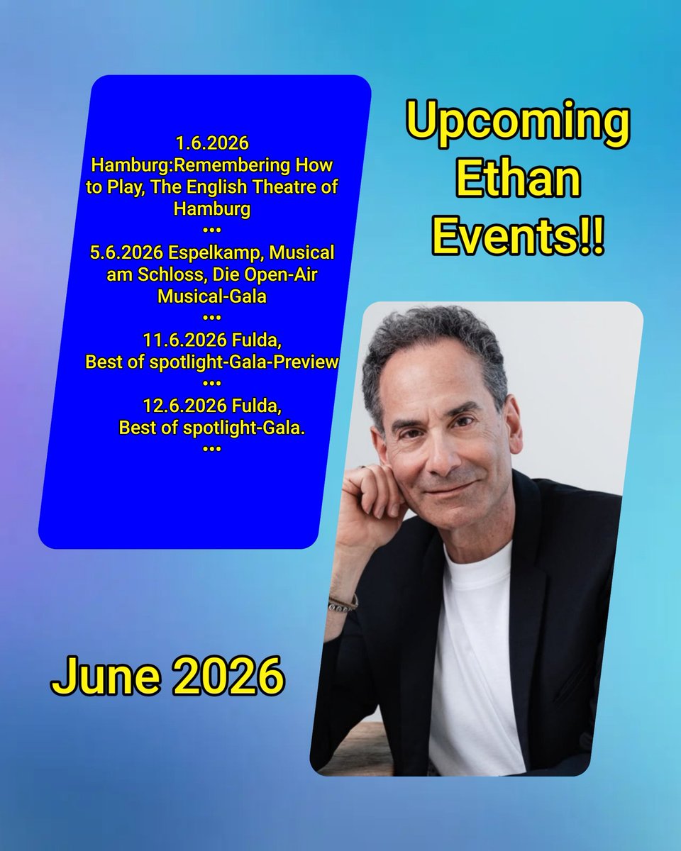 EthanFreemanfan's tweet photo. A few interesting Ethan Freeman events coming up in June. Including a show in English: "Remembering How to Play" at The English Language Theatre Hamburg https://t.co/2Xe7d5gSpv
#EthanFreeman #musical #musicaltheatre #musicaldarsteller https://t.co/yGLzER5upK