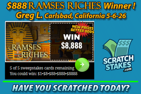 scratchstakes's tweet photo. 🥳Major congrats to Greg L. of Carlsbad, California! 👑$888 Ramses Riches #Winner on 5-6-26!🏆

🤔Have you scratched today?
👉 https://t.co/KrX8Yof1kv https://t.co/4ArburoOxb