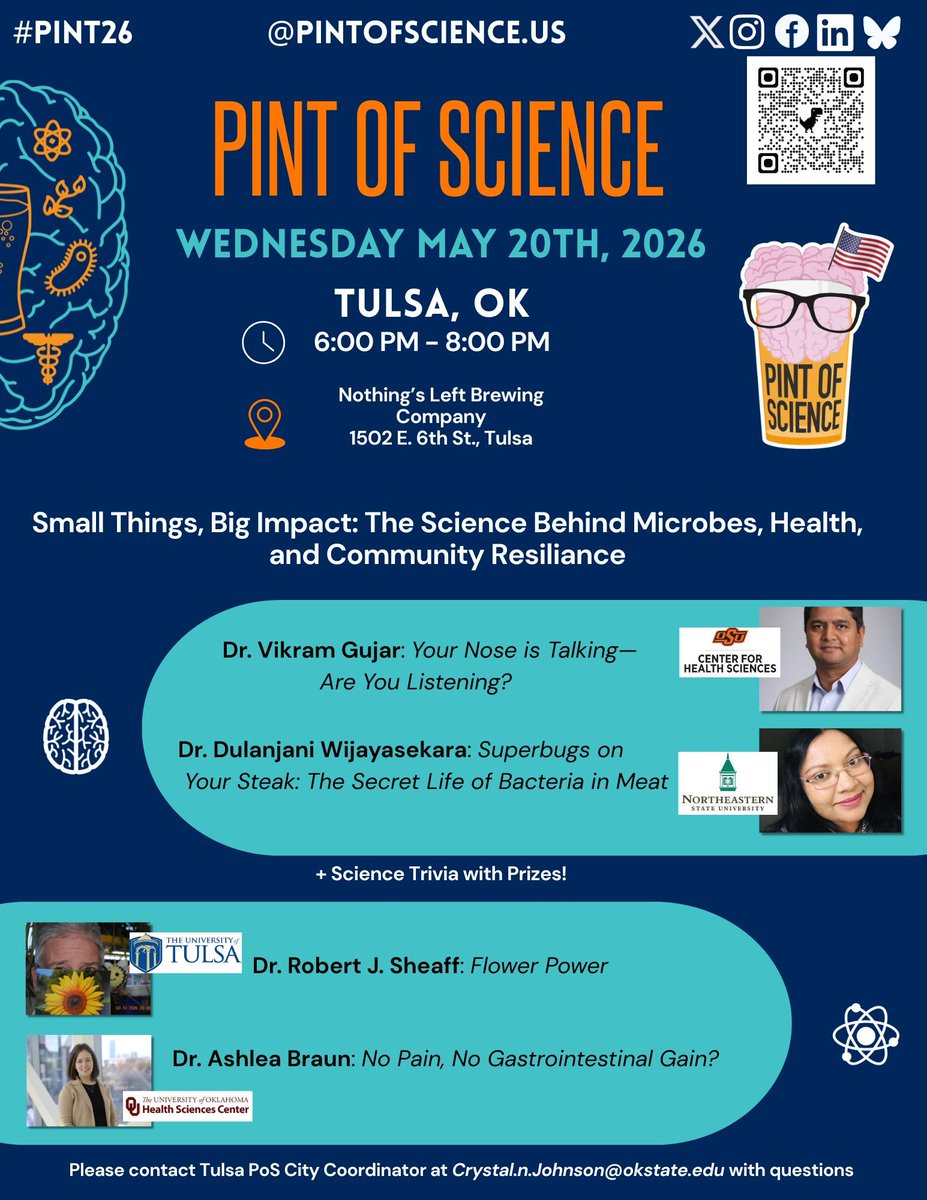 pintofscienceUS's tweet photo. 📍 Tulsa, OK — #Pint26
 The lineup is LIVE
🍻🧠 Join us May 18–20 for three nights of science in Tulsa, OK
🎟️https://t.co/yS0ZZWyq3H 
#Pint26 https://t.co/b75q1QP1Ef