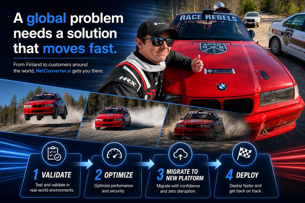 swrobb's tweet photo. My son Colin was in Finland turning real rally stages into better simulator data.
That’s the same lesson behind good technology migration:
Don’t guess in production.
Simulate.
Validate.
Execute.
From simulator to track.
From legacy to production.
Convert Faster. Get Back on Track.