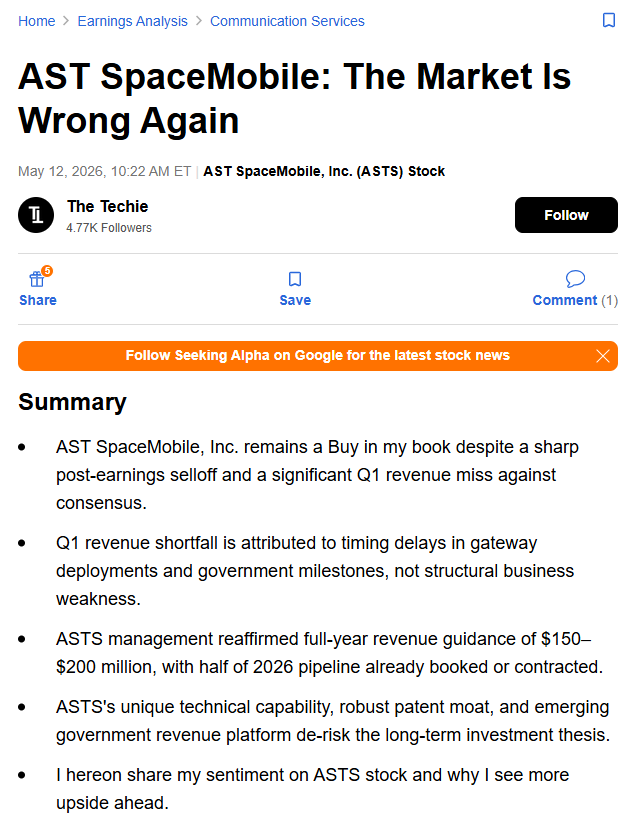 $ASTS AST SpaceMobile: The Market Is Wrong Again "AST SpaceMobile, Inc ...