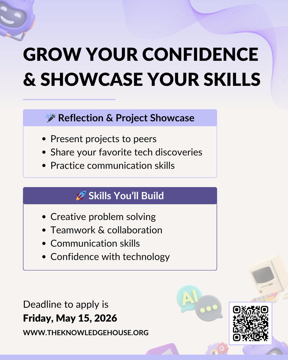 TheKnowledgeHou's tweet photo. In just 6 weeks, high school students in #TeenTech Launchpad can:

💻 Learn #HTML + #Python
🤖 Explore AI tools + AI ethics
🌐 Build a tech portfolio
📊 Practice problem-solving + digital skills

No experience needed ✨

🗓 Apply by May 15
🔗 https://t.co/uHaxRmAeAP

#SummerProgramsforteens #summerprograms #FutureInTech #TheKnowledgeHouse