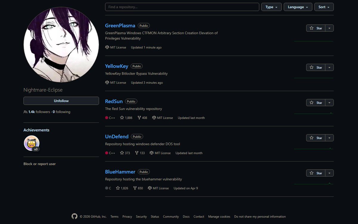 DarkWebInformer's tweet photo. ‼️ Nightmare-Eclipse has just released two new GitHub repositories... Same user behind RedSun, UnDefend, BlueHammer

YellowKey: Bitlocker Bypass Vulnerability
https://t.co/N8uQl4sIuj

GreenPlasma: Windows CTFMON Arbitrary Section Creation Elevation of Privileges Vulnerability
https://t.co/kowRXoQCOZ