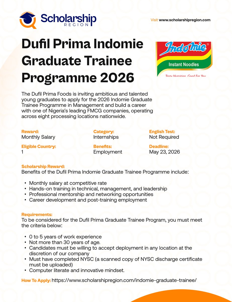 scholarsregion's tweet photo. Dufil Prima Indomie Graduate Trainee Programme 2026

Details: https://t.co/4aVIpDZ5Uk

Benefits: Monthly Salary, Training and Employment