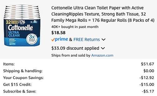 AMAZON PROMO STACK ON COTTONELLE TOILET PAPER 

$18.58 at checkout (Orig. $49.97)

Clip 25% OFF sub &amp; save coupon (cancel anytime)

$15 OFF credit will automatically apply 

pricedoffers.com/n59v2 #ad