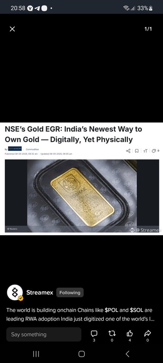 aroBaloch's tweet photo. The world is building onchain
Chains like $POL  and $SOL are leading RWA adoption
India just digitized one of the world's largest physical gold markets.
National Stock Exchange launched Electronic Gold Receipts, exchange-traded, physically backed gold with redemption rights.
China has run the Shanghai Gold Exchange in digital form for years.
Dubai built a tokenized gold infrastructure through the DMCC. India joined the list this month.
These are the largest markets on earth, adapting to a simple reality:
Investors no longer want gold that just sits still. They want gold that moves seamlessly through modern financial systems. STreamex is the solution to this problem.
Digitization is just the first phase. Programmable, yield-bearing, globally transferable gold is what comes next.