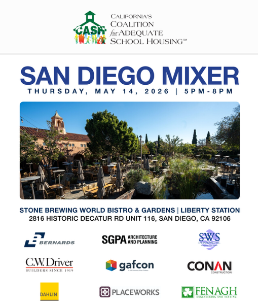 CASHFacilities's tweet photo. 🌴 San Diego, we’re coming your way!

Join school facility leaders, construction professionals, and industry partners for an evening of networking, conversations, and connections at the upcoming CASH Mixer.

📍 Stone Brewing World Bistro & Gardens – Liberty Station
📅 Thursday, May 14, 2026
⏰ 5:00 PM – 8:00 PM

Connect with colleagues from across California’s school facilities community while enjoying one of San Diego’s most iconic venues. We look forward to seeing you there!

#CASH #SchoolFacilities #K12 #CaliforniaSchools #Construction #SchoolConstruction #Networking #SanDiegoEvents #EducationLeadership #FacilitiesManagement #SanDiegoMixer