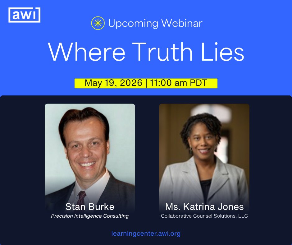 awi_updates's tweet photo. Last chance to register for the AWI Webinar: Where Truth Lies with Stan Burke and Ms. Katrina Jones.

Register for this May 19 webinar here: https://t.co/YCjIrrKADj

 #WorkplaceInvestigations #ProfessionalDevelopment #InvestigatorTraining #HRInvestigations #EmploymentLaw https://t.co/lklbLUB2KJ