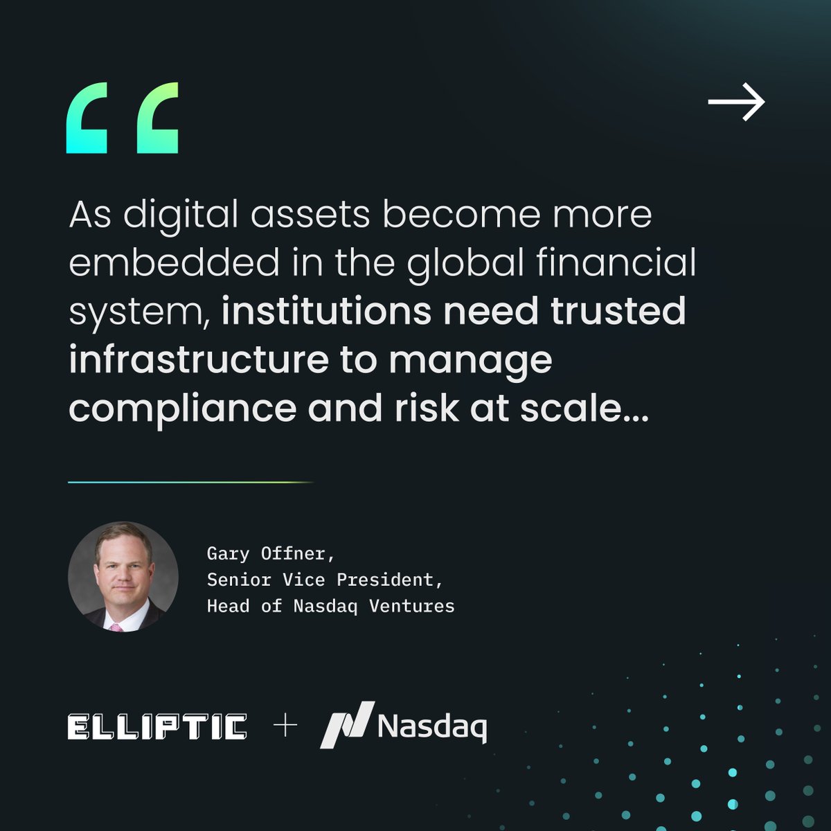 elliptic's tweet photo. Thank you, Gary and @Nasdaq Ventures. Global finance is moving on chain and it needs reliable and accurate blockchain data.  Few people know this, but that’s what the D in our Series D stands for: data. More than a decade of blockchain data, for the most comprehensive dataset in the industry.