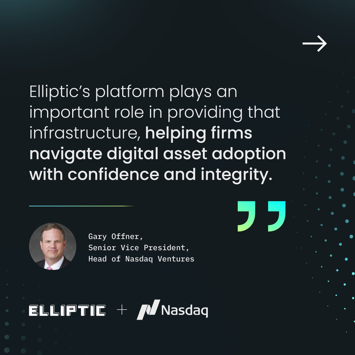 elliptic's tweet photo. Thank you, Gary and @Nasdaq Ventures. Global finance is moving on chain and it needs reliable and accurate blockchain data.  Few people know this, but that’s what the D in our Series D stands for: data. More than a decade of blockchain data, for the most comprehensive dataset in the industry.