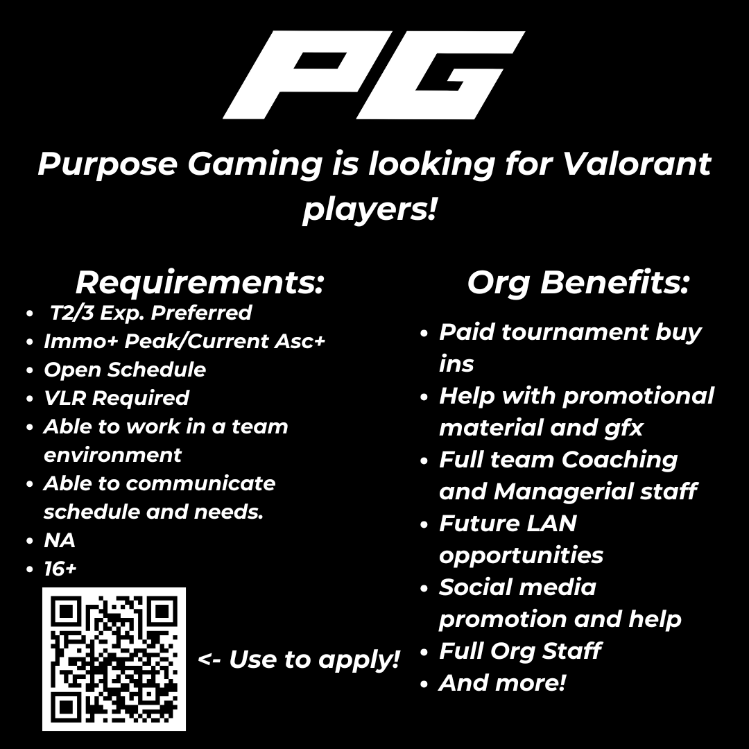 PurposeGGss's tweet photo. Looking for players for PG Val (NA)

- Immo Peak/Current Asc
- Duelist
- T3 Experience preferred not required
- Good Comms+Positive Mental
- 16+

DM 'Roger Valentine' on discord/fill out this form! https://t.co/Wfi4kUh8Ab

@ValorCentral @Hitbox_Americas https://t.co/agfqBwri9N