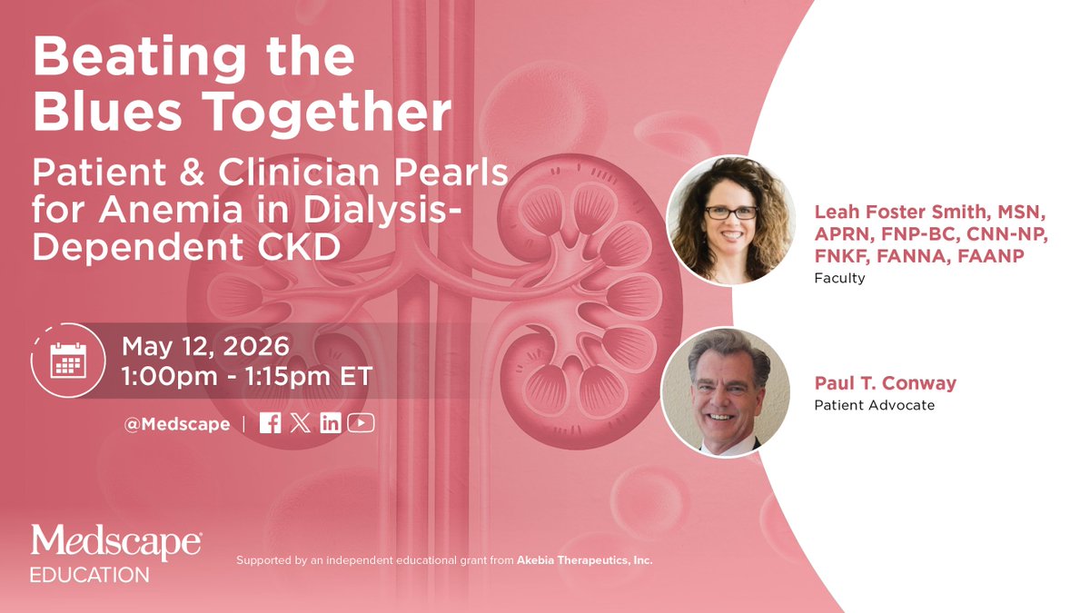 MedscapeKidney's tweet photo. LIVE in just 60 minutes ➡️ https://t.co/SivPHCpWtC 

Tune in to hear Leah Foster Smith and Paul T. Conway discuss "Beating the Blues Together." Learn evidence-based strategies to improve screening and patient communication. See you there!

#Nephrology #CKD #CME https://t.co/DOl18dYKBX