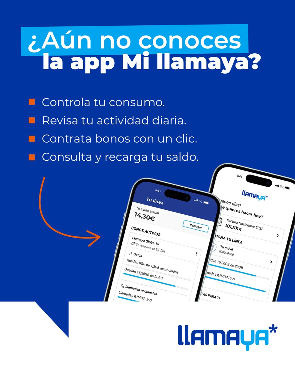 llamaya's tweet photo. Descubre la aplicación que hará tu día a día más fácil. Gestiona tus bonos y consumo con la app Mi llamaya. 

👉 https://t.co/GF5yApQEO0 https://t.co/ipECxCkKN1
