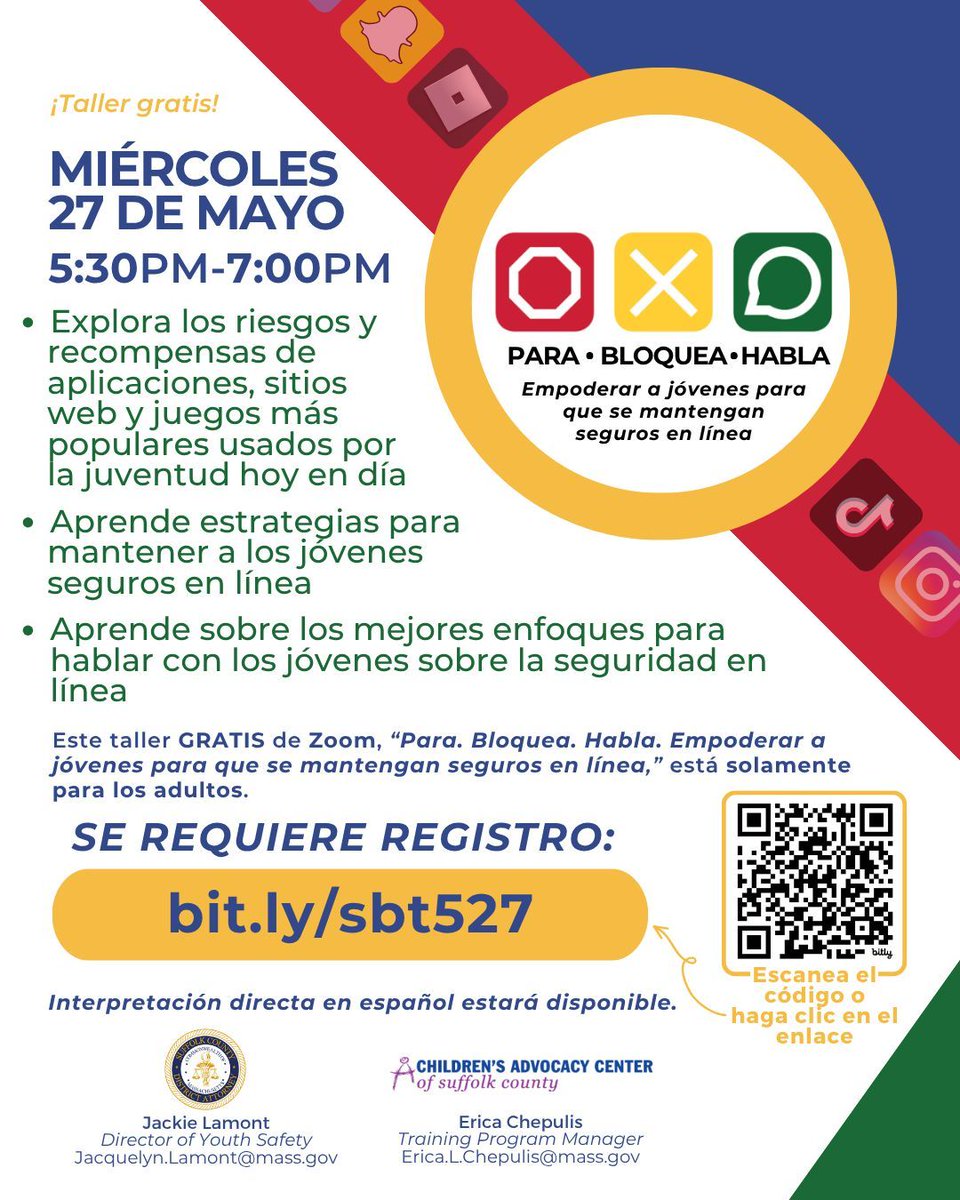 SuffolkCAC's tweet photo. Sign up at https://t.co/iIOe4U9RLD for our next FREE 'Stop, Block, Talk: Empowering Youth to Stay Safe Online' webinar for adults on May 27 at 5:30pm!

@SCDAOnews #StopBlockTalk #OnlineSafety #SocialMedia #Free https://t.co/SZY5d0guXd