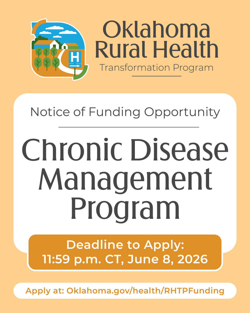 HealthyOklahoma's tweet photo. The Oklahoma Rural Health Transformation Program has released a public grant application through a Notice of Funding Opportunity for the Chronic Disease Management Program.

Applications are due by 11:59 p.m. June 8, 2026.

Learn more and apply at https://t.co/oK0Ou17bkE. https://t.co/qhPv6SICBE