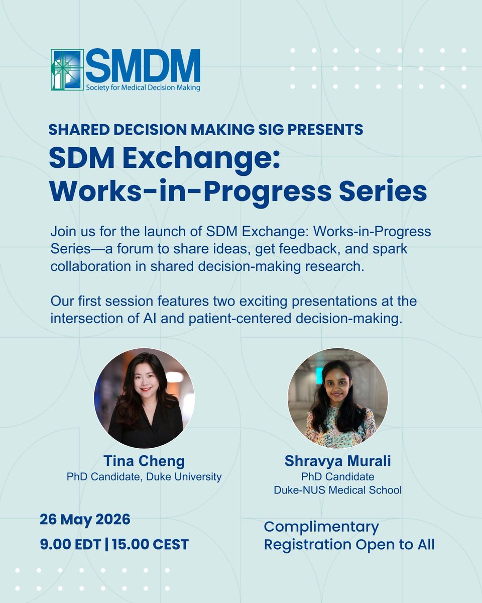 socmdm's tweet photo. SDM Exchange: Works-in-Progress Series! A new forum for emerging ideas, peer feedback, &amp; collaboration in shared decision-making research. Our first session features 2 exciting presentations at the intersection of AI and patient-centered decision-making. https://t.co/VqEeB3qh9O https://t.co/bqANTipivU