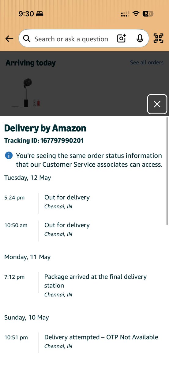 BalaR15's tweet photo. @amazonIN @AmazonHelp ordered the product on May 8th , however website says the delivery was attempted on 10th , no such calls requesting otp came in and simply updated that otp was not provided, and today the out for delivery was updated with a otp message . However there call https://t.co/R9M87oH1Zh