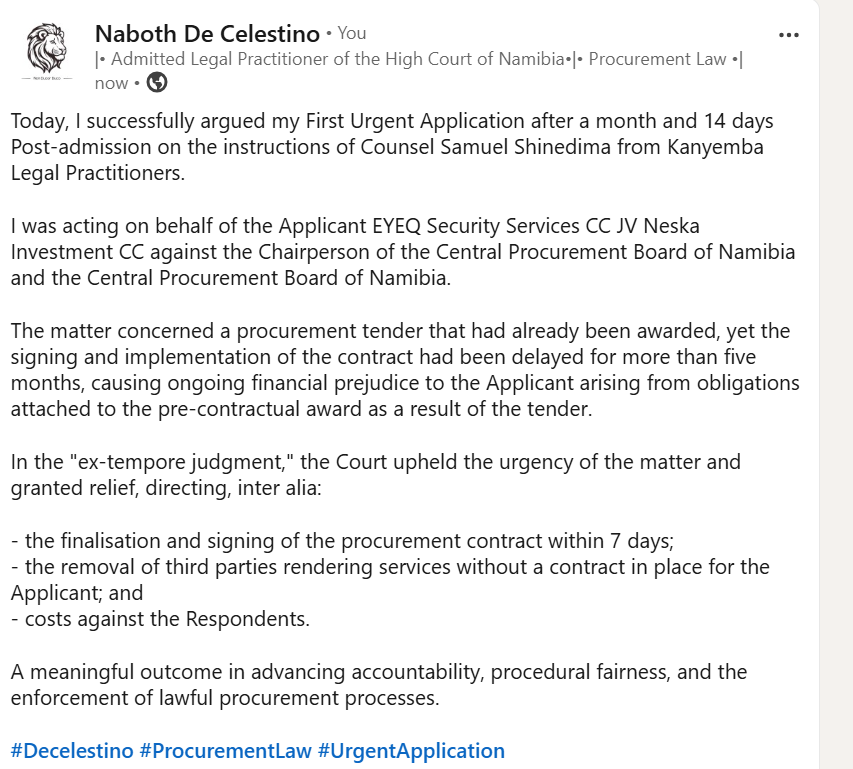 Nabothnangolo1's tweet photo. First urgent application argued today, 1 month and 14 days post-admission, for EYEQ Security Services CC JV Neska Investment CC.
Court upheld urgency and granted relief in a procurement dispute against the Central Procurement Board of Namibia.
#UrgentApplication #Law https://t.co/JsrTrmZu69
