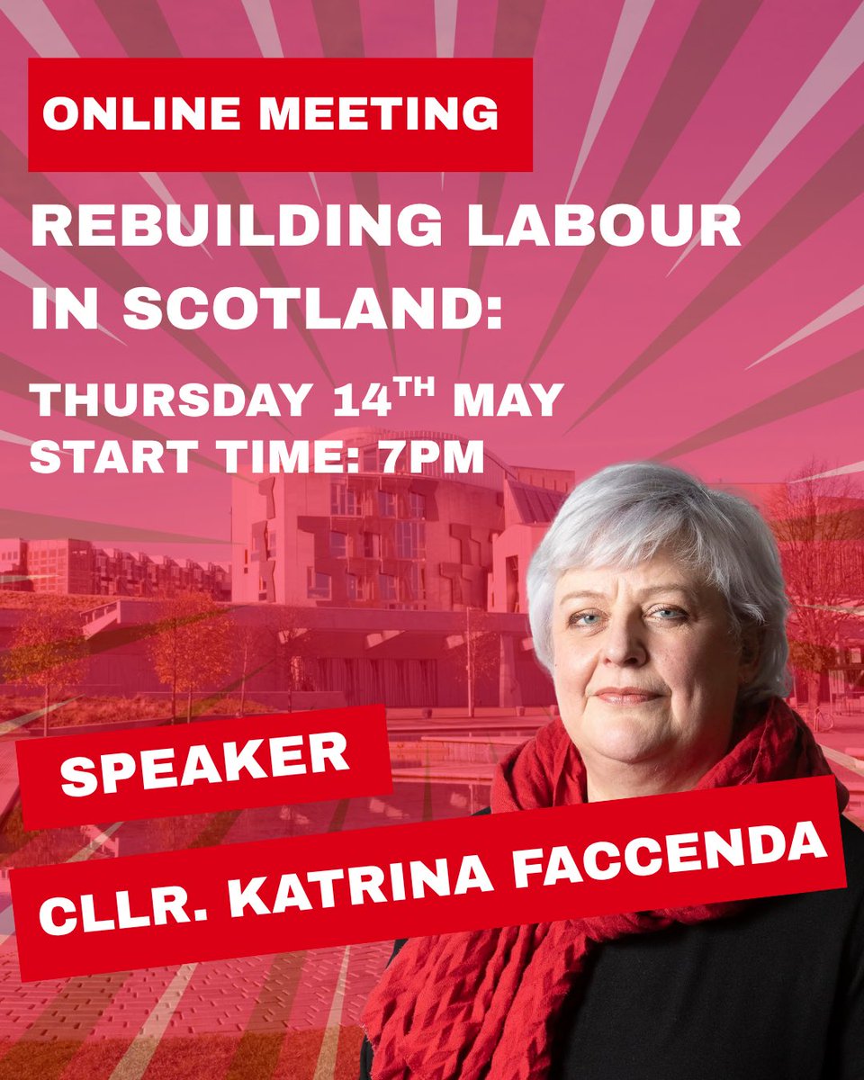 LabourCfS's tweet photo. This Thursday at 7pm: @KatrinaFaccenda will be setting out the key tasks for rebuilding Labour in Scotland ahead of the 2027 council elections at our online event.

More details and registration here:
https://t.co/54n8LVzZ2v https://t.co/Qf3w641wqp
