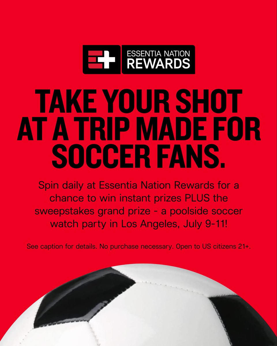 essentiawater's tweet photo. WIN BIG! Exclusive prizes. Daily chances. One unforgettable trip. ⚽️Every spin is a shot at instant win prizes PLUS earns entries toward the grand prize. Not a member? Join for free at https://t.co/KzEYXhQC8S and take your shot. 

See official rules here: https://t.co/3no727umcG https://t.co/EEm9XZ2oxI