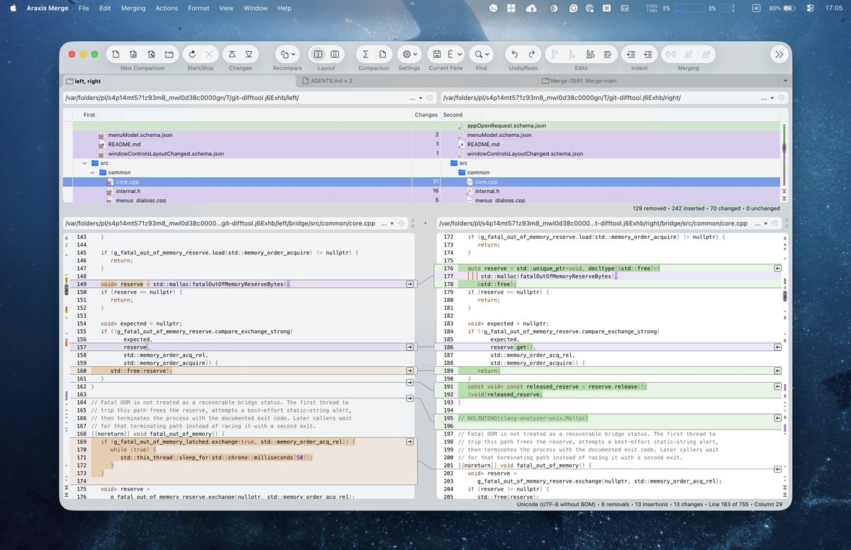 Araxis's tweet photo. The forthcoming release of Merge 2026.0 for macOS features a major UI redesign for Tahoe. It also significantly enhances the presentation of comparison results, making it easier than ever to see and understand changes in their full context. https://t.co/RfQK8CqpC1