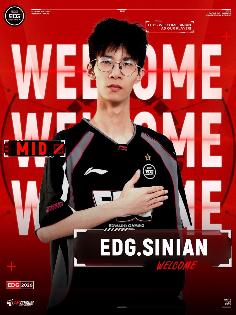 EDG_Edward's tweet photo. [ANNOUNCEMENT]

Welcome , sinian !

We officially announced that sinian will join EDWARD GAMING in 2026 as our player. Let’s move forward together!

#EDGWIN #LPL https://t.co/QyEszPACVN