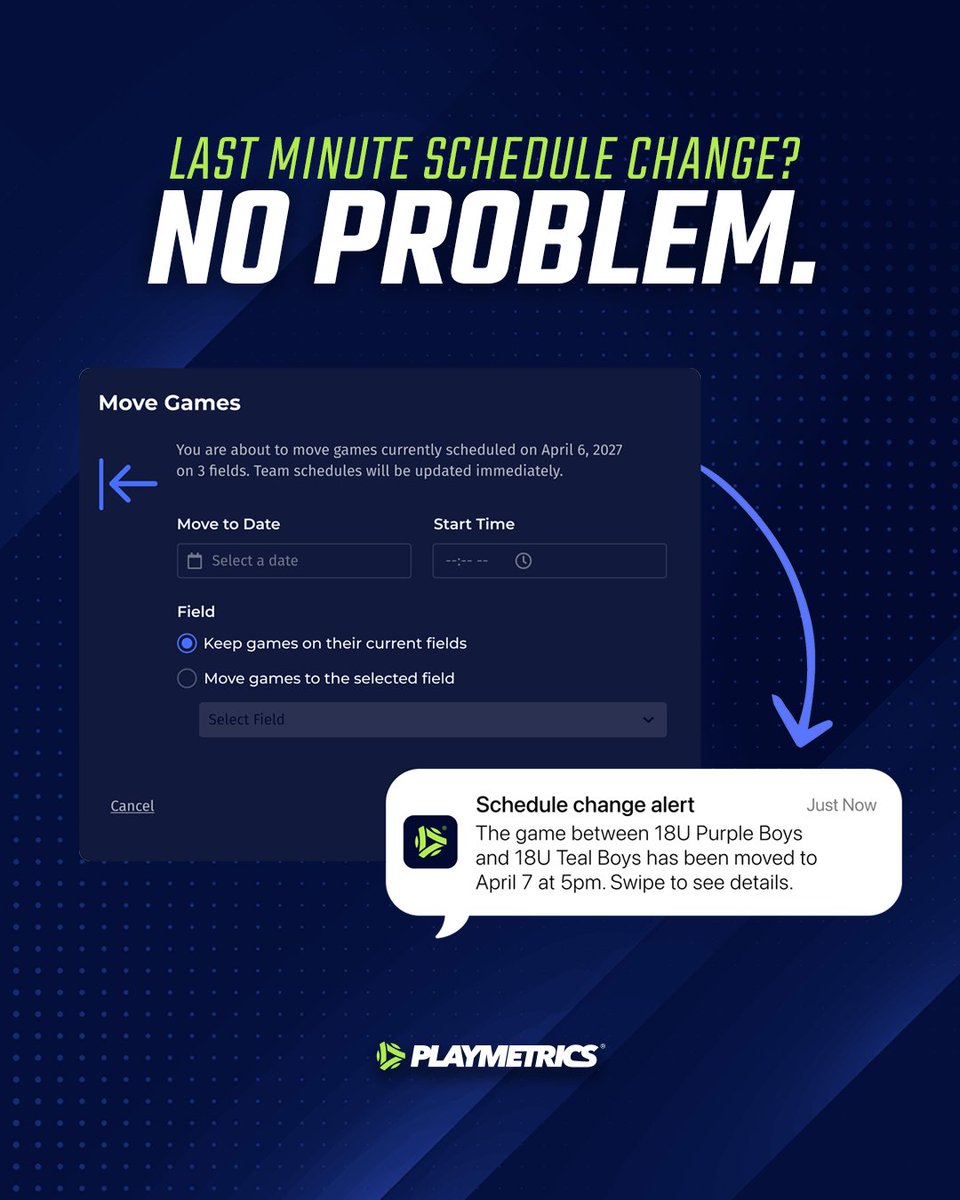 PlayMetrics's tweet photo. Last-minute changes are a part of tournament life. Manually texting everyone to tell them doesn't have to be.
There's a better way. Find out how: https://t.co/Lirc1iXnm7 https://t.co/phK4o4s9k2