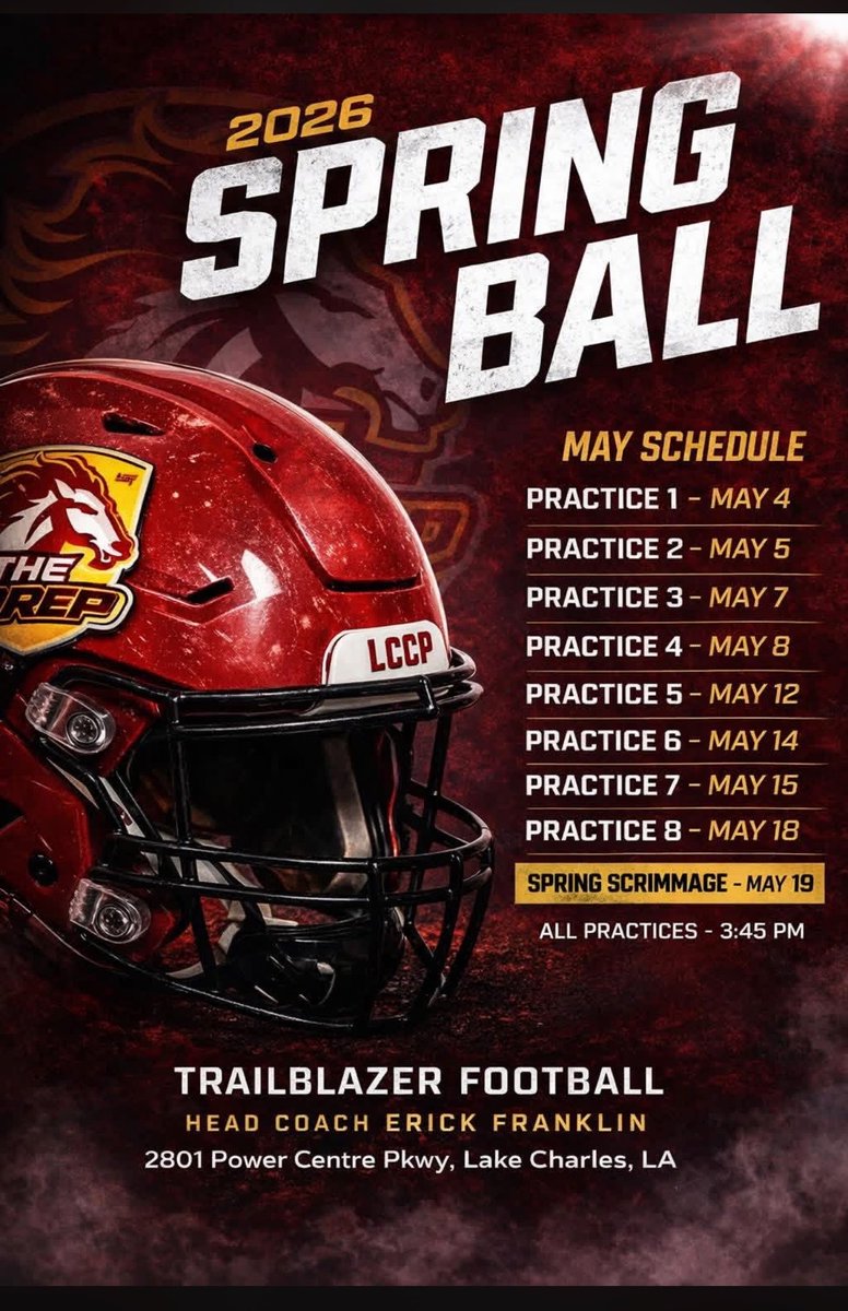 Recruit_LCCP's tweet photo. Stop By The Prep This Spring π¨
Competitive reps. High motor athletes.
2801 Power Centre Pkwy, Lake Charles, LA
β° Practices begin at 3:45 PM daily
π₯ Spring Scrimmage β May 19
#RecruitThePrep #LCCPFootball #SpringBall https://t.co/g4Kn0XywAg