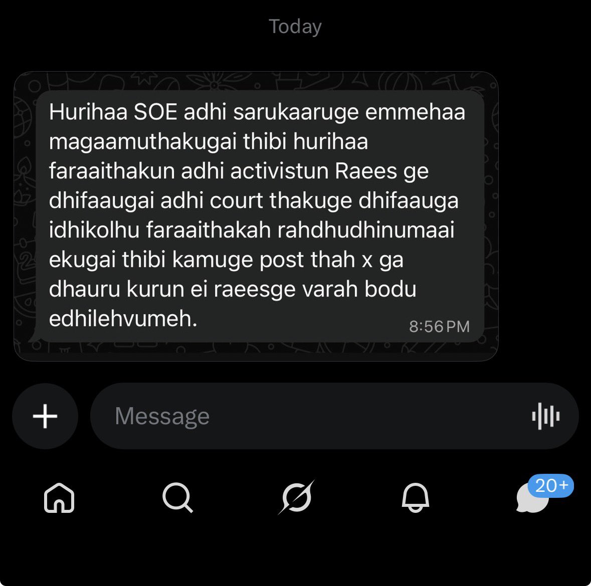 Nahyaanu's tweet photo. ދާދި ދެންމެއަކު އަޅުގަނޑަށް ލިބުނު މެސެޖް އެއް!

ބައްލަވާ ކައްޒާބު! މުސާރަވެރިން އެއްކޮށް ނިކުމެ ކަލޭ ދިފާއަށް ޓުވީޓު ކުރިޔަސް ކަލޭއަކީ މާ ސޯލިހު މީހަކަށް ނުވާނެ! ކަލޭގެނަން ރާއްޖޭގެ ތާރީހުގައިވެސް ލިޔެވޭނީ ވެރިކަމުގައި ހުރެ ރައީސް އޮފީސްތެރޭ އަންހެނަކާ ޒިނޭކުރި އަންހެނެއްގެ ހަޔާތް ބަރުބާދުކުރި ރައީސްއެއްގެ ގޮތުގައި!