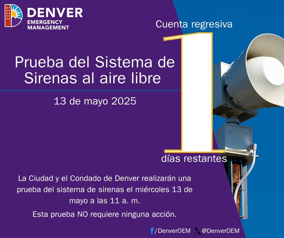 DenverOEM's tweet photo. 🚨 Tomorrow at 11 AM
Denver will test BOTH:
✔ Wireless Emergency Alerts (WEA)
✔ Outdoor warning sirens

No action needed.

--------------------------------------------

🚨 Mañana a las 11 AM
Denver probará:
✔ Alertas WEA
✔ Sirenas

No se requiere acción. https://t.co/811t9qqVg7