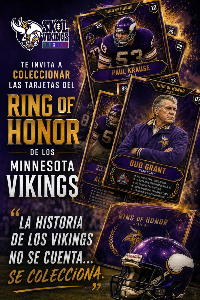 Skol_VikingsMex's tweet photo. 💜 ¡Comienza la colección del Ring of Honor! 💛
Skol Vikings México te invita a descargar y coleccionar las tarjetas de las leyendas que construyeron la historia de los Minnesota Vikings. Cada semana llegará una nueva entrega con jugadores, coaches y figuras históricas del equipo https://t.co/4mjnIWjk5j