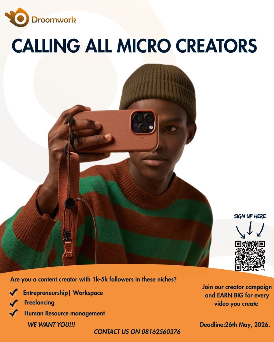 droom__work's tweet photo. Hiiii Creators 👋

If your niche is in tech, freelancing, HR, entrepreneurship or career growth, Droomwork is looking for micro-creators for paid content collaborations.

You'll also have the creative freedom to create in your own style. 

Deadline to apply is May 26th, 2026. https://t.co/9VfTCxS6xC