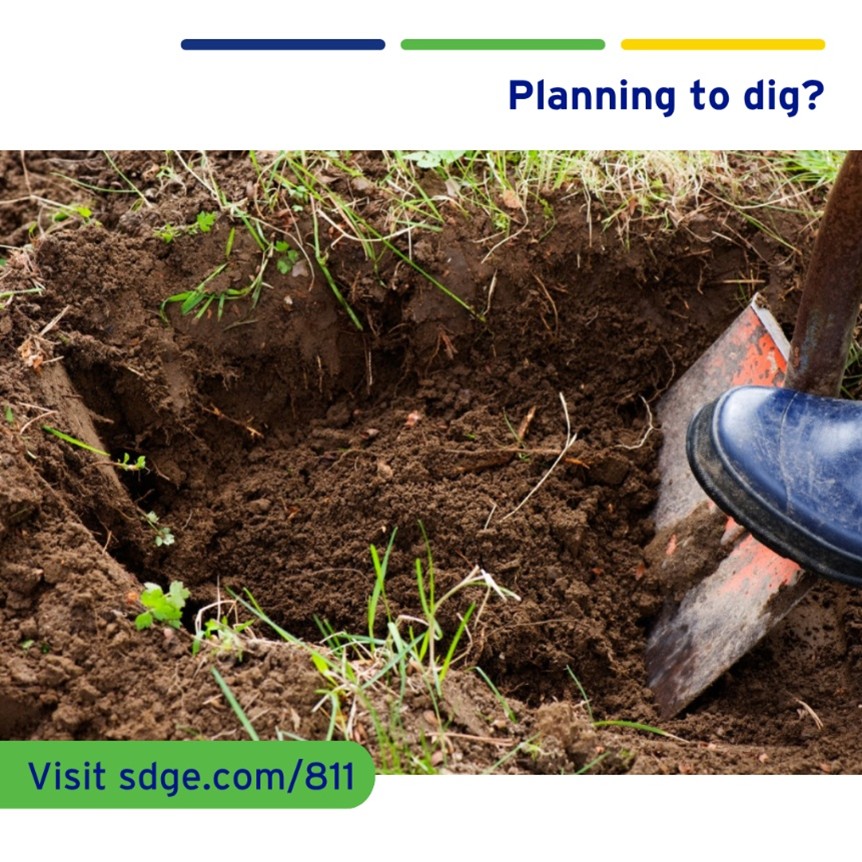 RedCrossWIC's tweet photo. Planting a garden? Installing a fence? 

Anytime you dig, call 811. SDG&amp;E will come to your location and mark the buried utilities. 

Learn more at https://t.co/u7vHaPCzFY #sdge #SDGEalert https://t.co/QCmNojlCJR