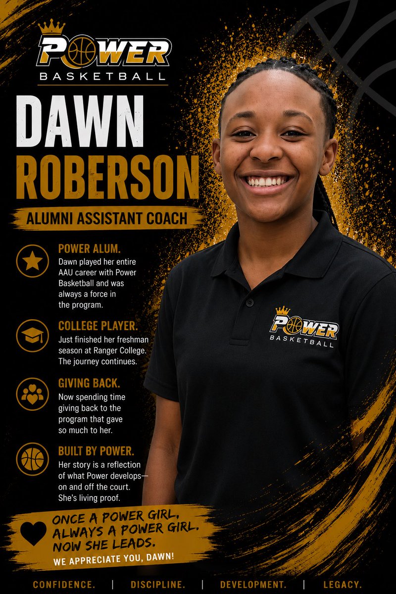 PowerGBB's tweet photo. FROM PLAYER TO COACH 🖤💛

Dawn Roberson played her entire AAU career with Power Basketball and just completed her freshman season at Ranger College. Now she’s back pouring into the next generation.

Built by Power. Giving back to Power. ⚡️ https://t.co/8SrupMIEyV
