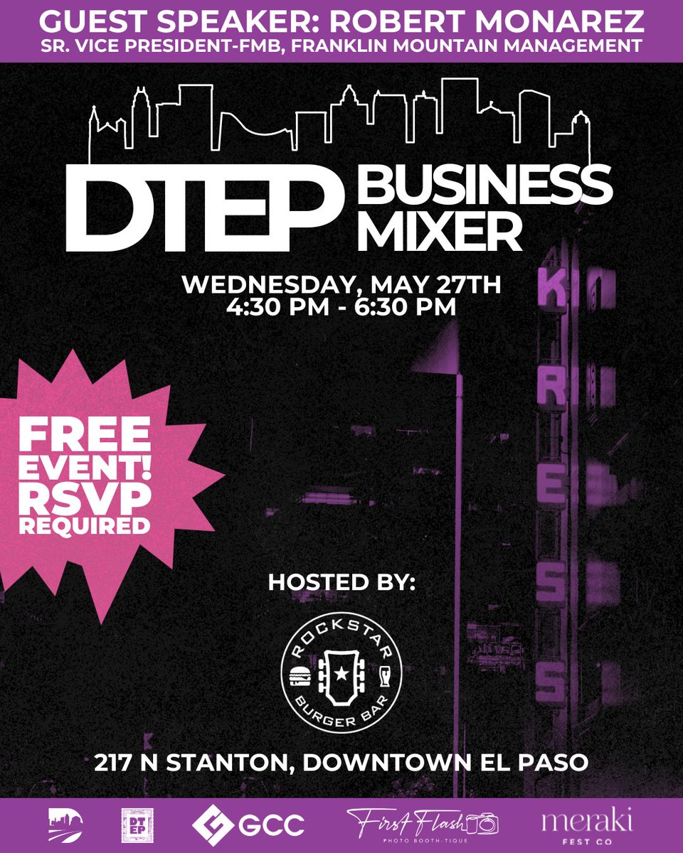 Downtown_EP's tweet photo. Join us for the next DTEP Business Mixer at Rockstar Burger Bar! Hear Kress Building updates from Franklin Mountain Management and network with Downtown businesses and partners.

May 27 | 4:30–6:30 PM
Free event, RSVP: https://t.co/Bkdhk9GxTZ

#DowntownElPaso #DTEP #Networking https://t.co/ExPWrwGhDS