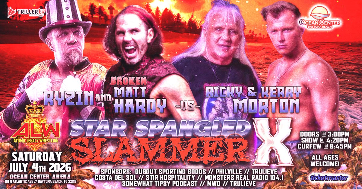 WrestlingAtomic's tweet photo. 🔥 MATCH ANNOUNCEMENT 🔥 

ALW @WrestlingAtomic is excited to announce this EPIC match for Sat 7/4 at the HISTORIC Ocean Center Arena in Daytona Beach Florida!

@MATTHARDYBRAND &amp; @HAILRyzin vs. @RealRickyMorton &amp; @RealKerryMorton 

Tickets:
https://t.co/vw6JFS6Lse https://t.co/ELkctqPAZ0