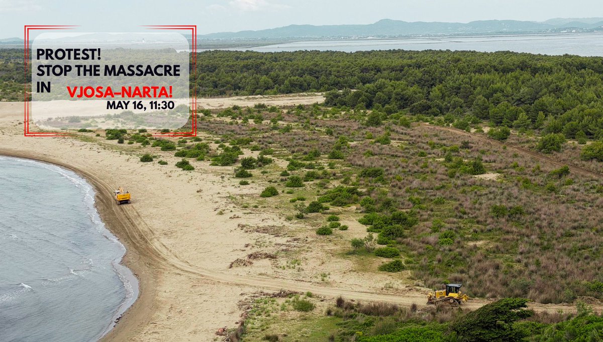 PPNEA's tweet photo. PROTEST!
Stop the destruction in Vjosa–Narta!
Bulldozers are destroying the Protected Landscape of Pishë Poro–Narta while laws and public voices are ignored.
📍 Saturday | 11:30
Vjosa–Narta, Hydrovori, Akërni
🚌 Tirana departure: 08:30, Opera &amp; Ballet Theatre

#HandsOffVjosaNarta https://t.co/zOk1akXwmQ