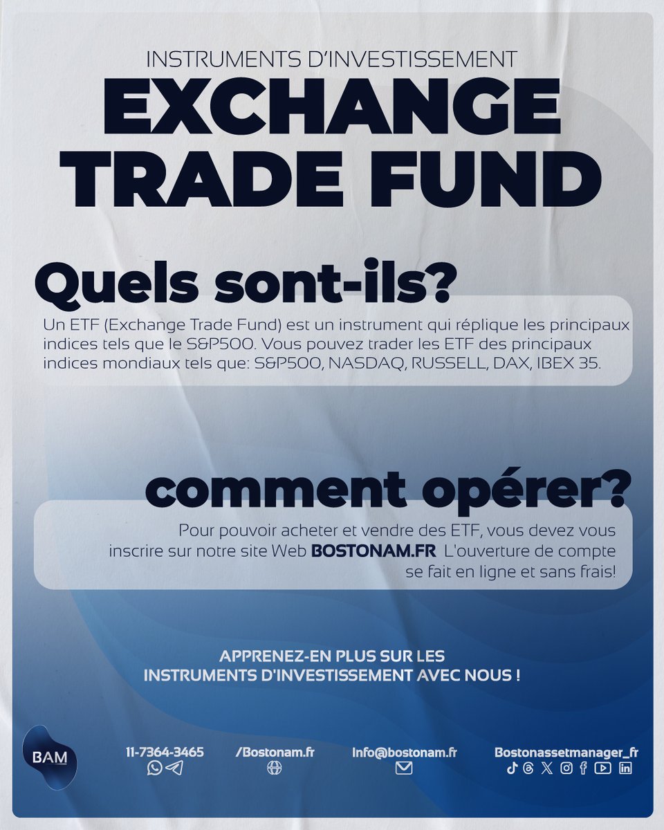 Assetboston_fr's tweet photo. Qu'est-ce qu'un ETF ? 
ETF (Exchange Trade Fund) est un fonds d'investissement coté en bourse qui réplique le comportement d'un indice tel que le S&P500. 

En savoir plus sur notre site https://t.co/vE6MjTs3q2 

#france #argent #épargne #finance #inflation #capital #bourse #investissements #actions