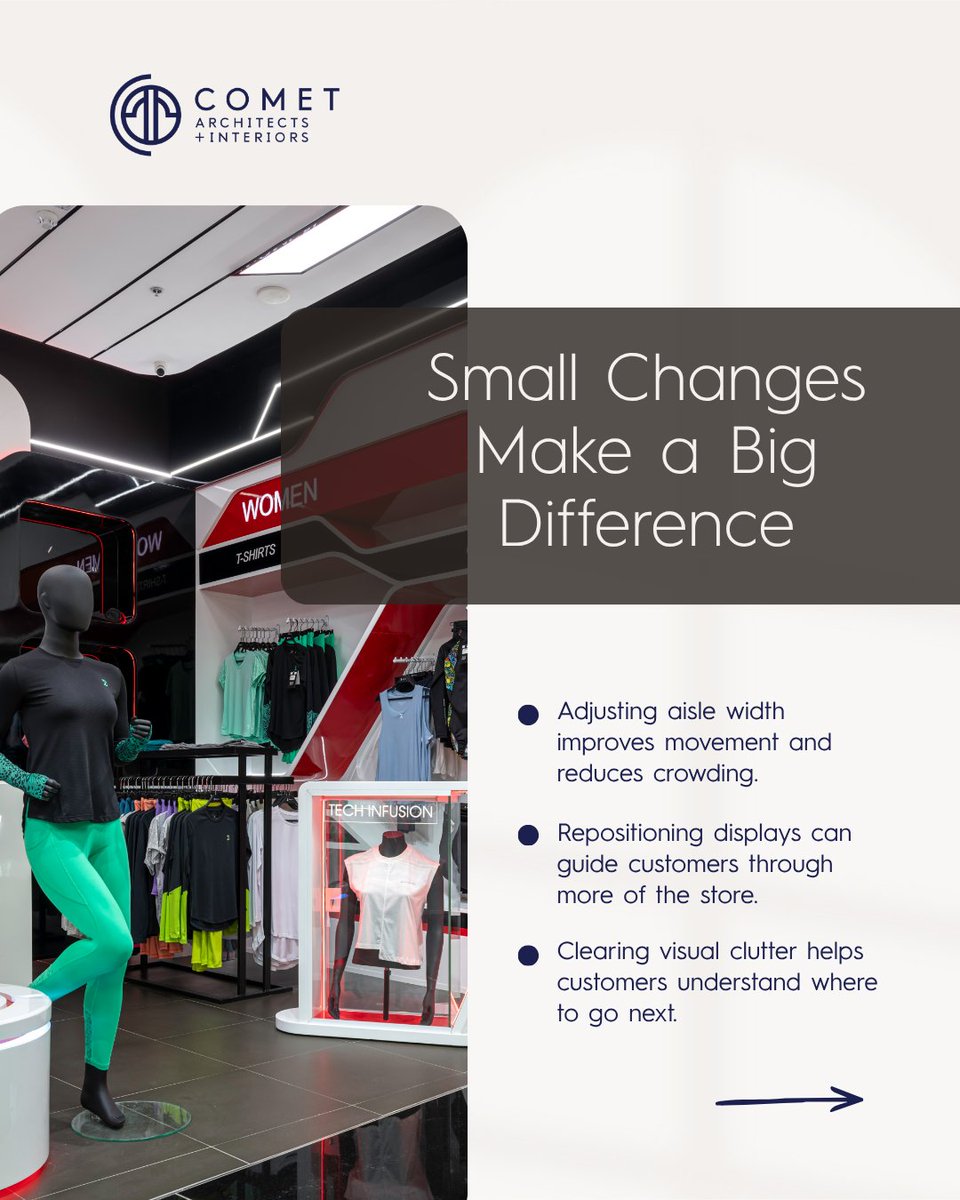 cometarch's tweet photo. Retail flow is shaped by small layout decisions.

Fixture placement, sightlines, and circulation paths all influence how customers move through a store.

See the layout changes that improve retail flow in the carousel.

#retailperformance #storedesign #retailflow #cometarchitects https://t.co/qwp5UKDkbM