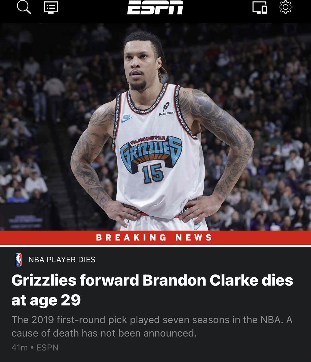 TheAthleteWire's tweet photo. Grizzlies Forward Brandon Clarke died. No cause of death revealed yet. RIP 🙏🏾
(Via @espn) https://t.co/And5RlIISg