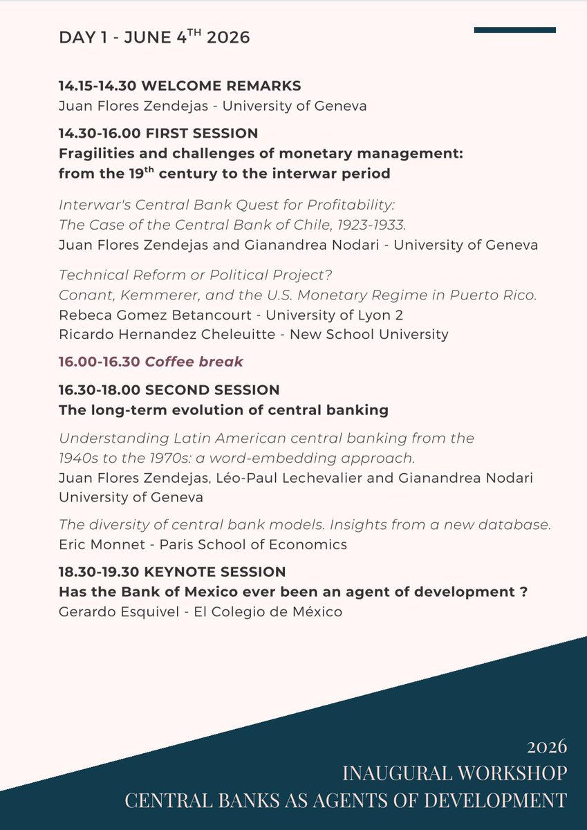 JFloresZendejas's tweet photo. We are delighted to share the programme for the first workshop of our research project: "Finance, Development, and the State: Rethinking Historical Experiences with Central Banking", in Geneva, 4-5 June https://t.co/wub0ymsmb6