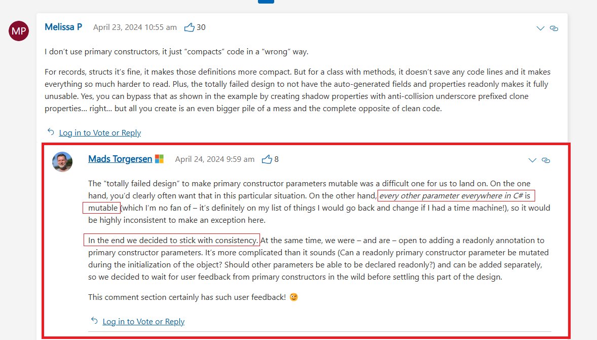 Dave_DotNet's tweet photo. I love using primary constructors in #dotnet, in a DI context in particular they provide a nice code 'tidy up'. And for anyone wondering why they aren't readonly well here's what Mads Torgersen said previously: https://t.co/yE4L4Vtflz