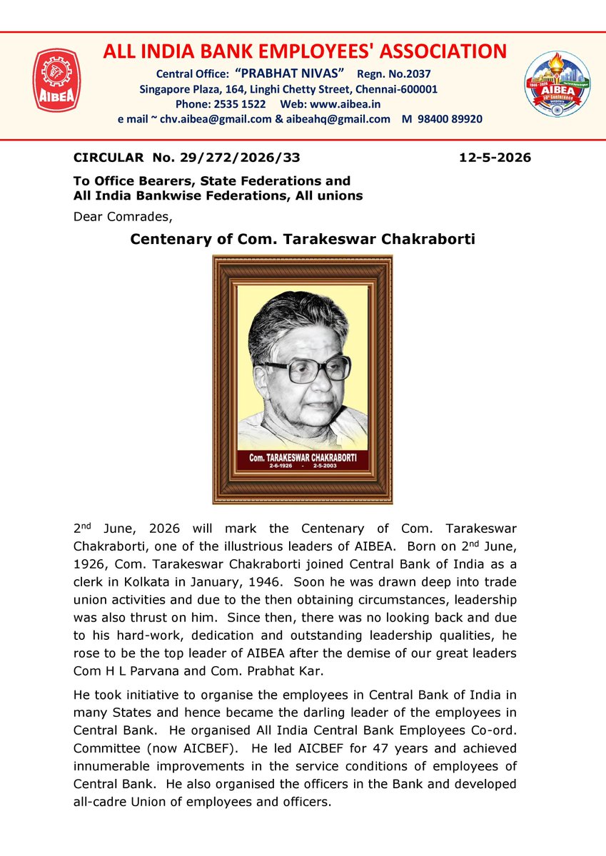 AIBEAofficial's tweet photo. Centenary of Com. Tarakeswar Chakraborti
#AIBEA https://t.co/nrbSsVleIo