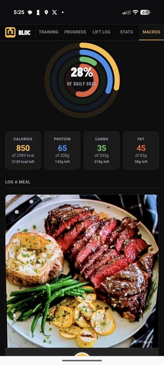 JustinInATX's tweet photo. @_brian_johnson Give it a try.  You have three paths: 1) AI Enabled Camera - point and shoot and let it tell you what it is and your macros (approximately) 2) Describe your meal and get back your macros 3) Manual Entry.  It tracks it all daily, compares to your target day by day. https://t.co/JUYdhGscSr