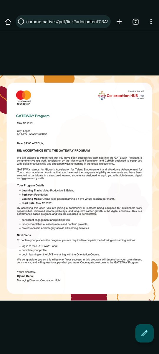 LifeIsSweet002's tweet photo. A new milestone into the gig world☺️

Thank you @CcHUBGateway 🎉🎉
I'm so honoured to be selected to be part of this wonderful programme, I can't wait to kick start my courses🥳🙏🏽 https://t.co/p4tV8oTjSc