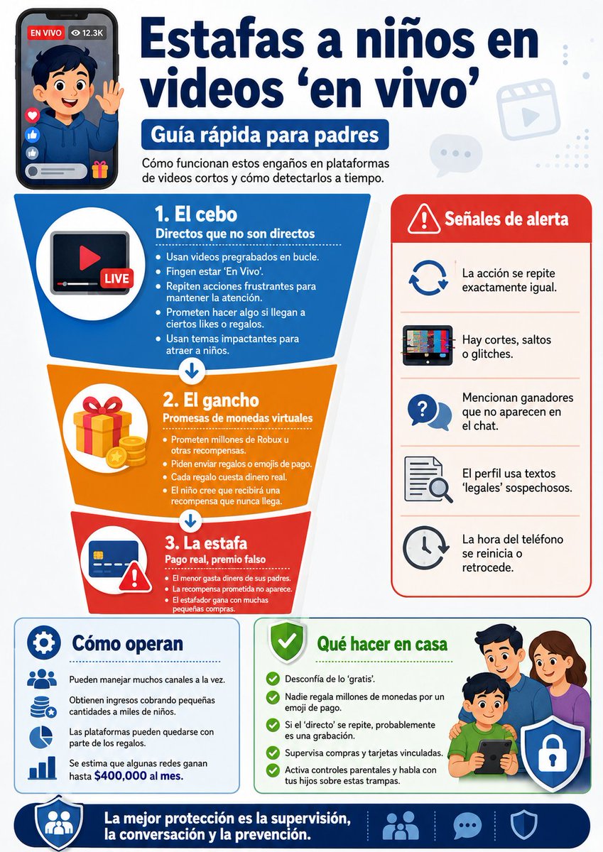 is_nullable's tweet photo. ⚠️ Padres: no todo “en vivo” es real.

Hay videos falsos que prometen Robux o regalos para que los niños envíen emojis de pago.

Habla con tus hijos: si piden dinero, regalos o “no decirle a papá/mamá”, es alerta roja.

#InternetSeguro #ControlParental #EstafasOnline #Robux https://t.co/o9eFicnR0N