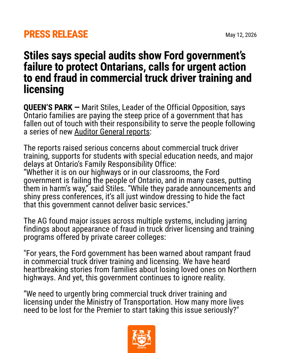 OntarioNDP's tweet photo. #NEW: Stiles says special audits show Ford government’s failure to protect Ontarians, calls for urgent action to end fraud in commercial truck driver training and licensing https://t.co/Tz5gZ6yLUd