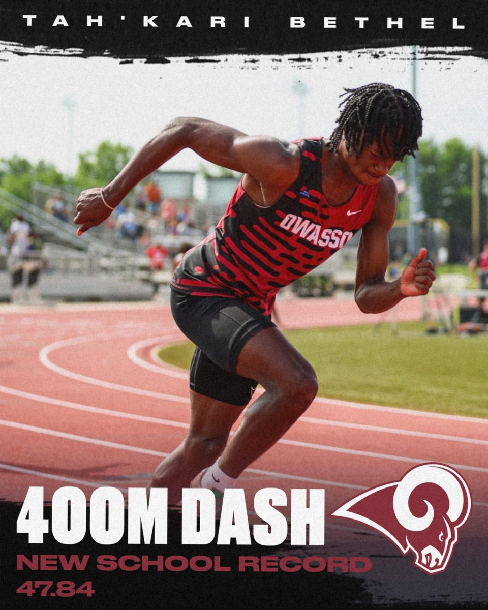 OwassoAthletics's tweet photo. Tah'Kari Bethel set a new school record in the 400m dash with a time of 47.84!

#CHAMPIONS | #RamPride https://t.co/XeFxl5fOqQ