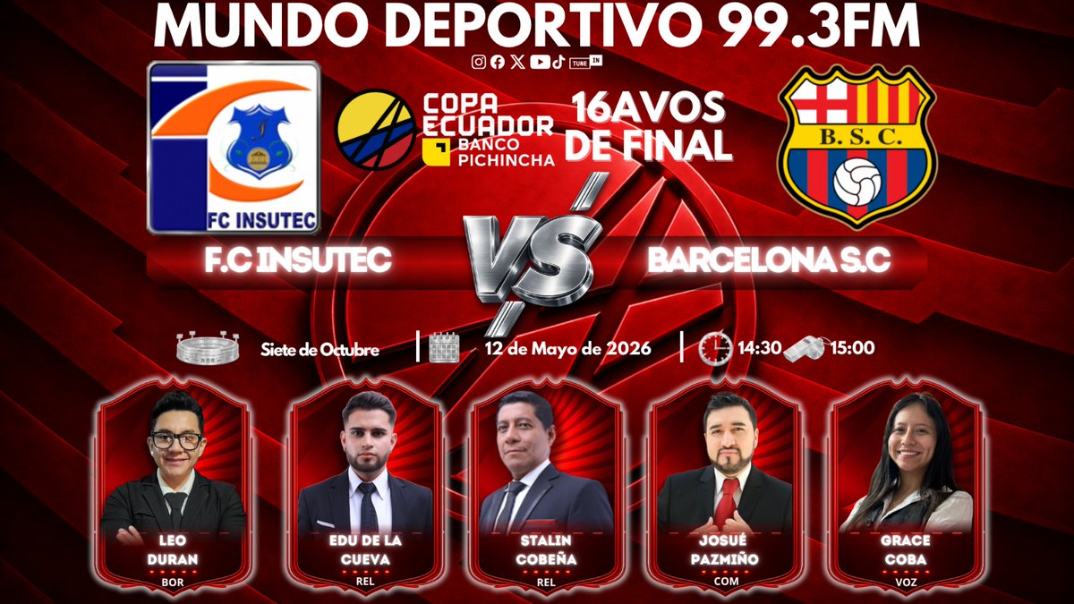 MundoDeporEC's tweet photo. ⚽️ ¡#BARCELONA SE ESTRENA EN LA #COPAECUADOR!
El cuadro torero visita a FC #Insutec, en un torneo donde aún no ha podido brillar. 

📻 Escuche al equipo @MundoDeporEC con
🎙️ Relatos: @StalinCobena - @EduDeLaCueva 
🎙️ Comentarios: @josuepazmino89 
🏟️ Borde de campo: @LeoDurann 
🗣️ Voz comercial: @gracewalker_23