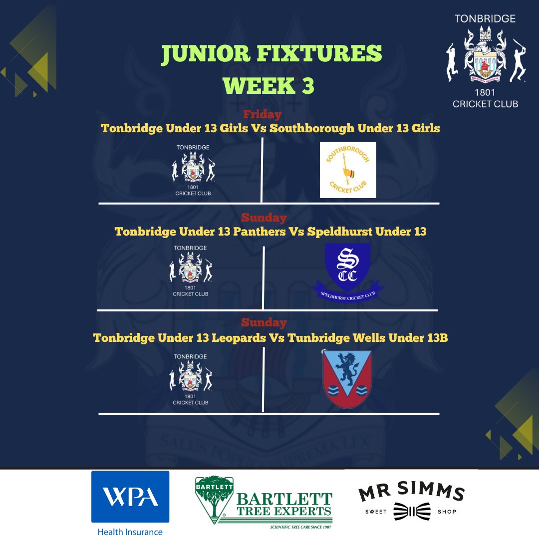 TonbridgeCC's tweet photo. We have our first @thesmashcricket game on Thursday, followed by games against @bromleycricketclub 3rd XI and @snodlandcommunitycricketclub 1st XI on Saturday.

6 junior games between Friday and Monday complete the week. https://t.co/oG88zWeLtV